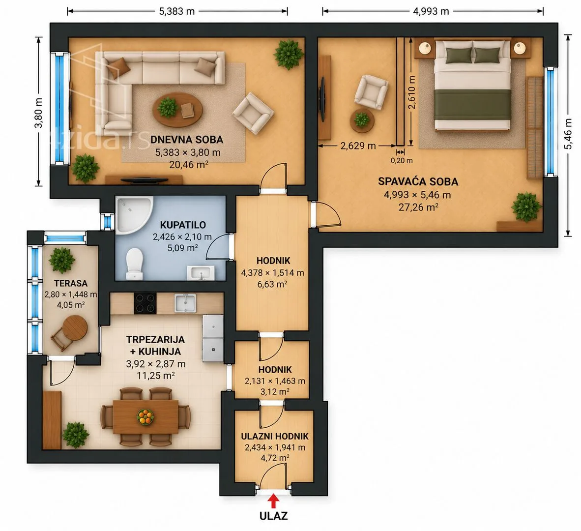 Двухкомнатная квартира, 78 м², Сеняк